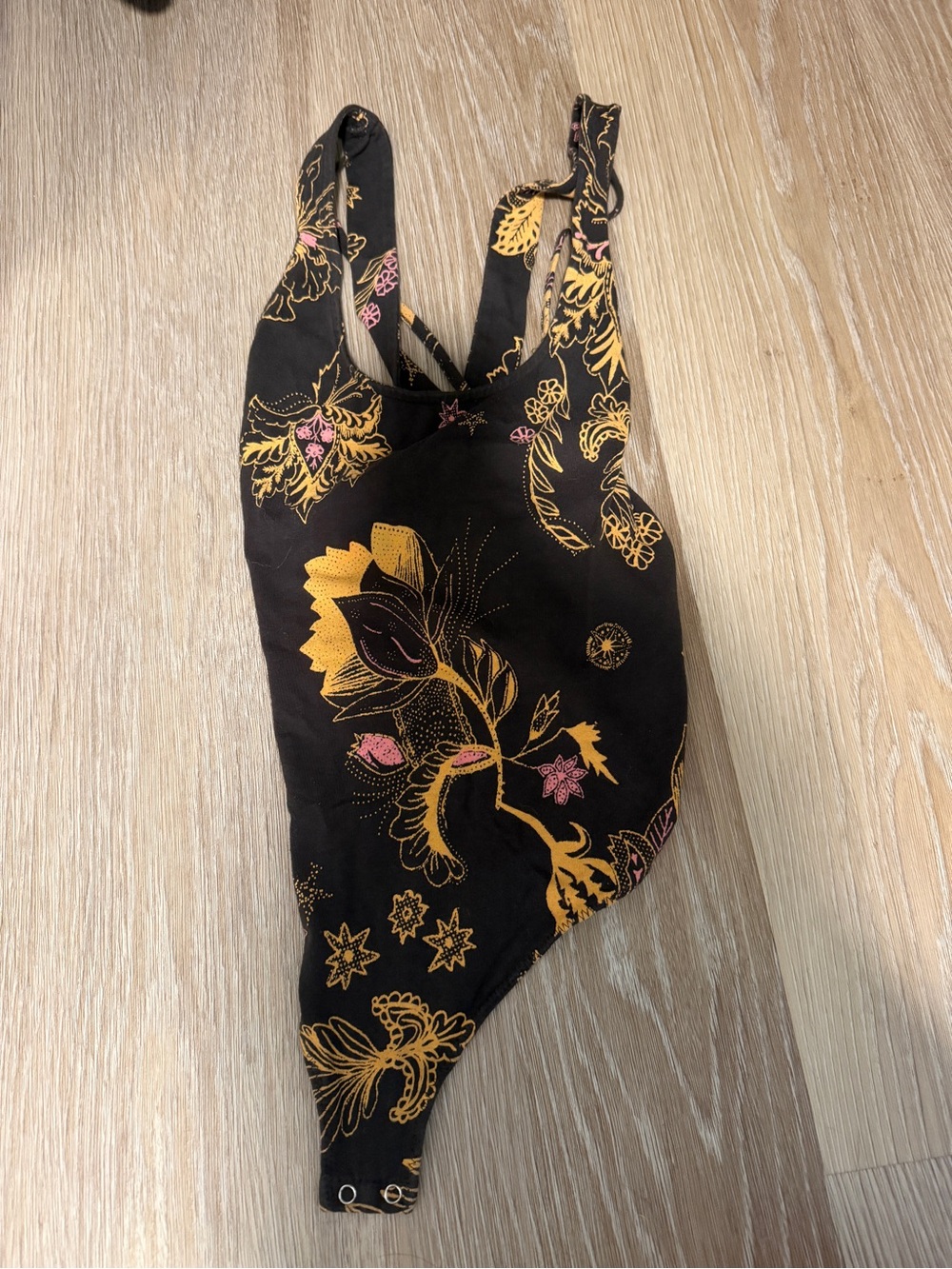 Black Floral Bodysuit with Yellow and Pink Accents